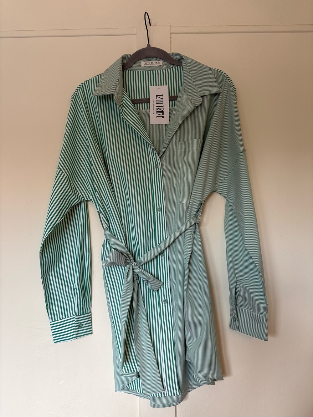 12th Tribe Striped Button-Down Mini Dress with Waist Tie - Green/White
